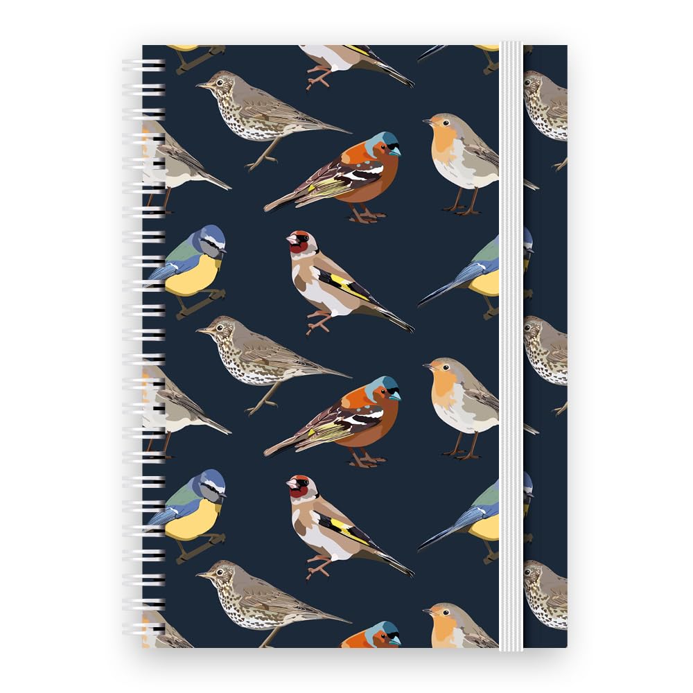 Bird Watching Log Book Journal and Notebook – Includes- Bird Sightings, Identification, Yearly Review & Sketch Pages A5 Spiral, 128 Themed Pages, Patterned Cover & Cover Elastic (Garden Bird)