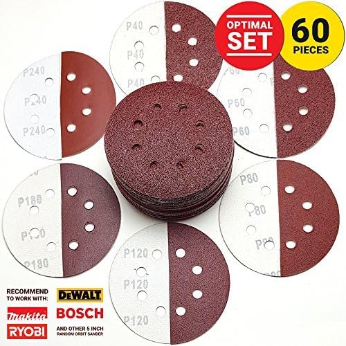 KoBzA 60 Pieces 5 Inch 8 Holes Sanding Discs - Hook and Loop Sandpaper Backing 10 of 40/60/80/120/180/240 Grit - Optimal Set Sandpaper Assortment for Random Orbital Sander Pads