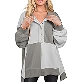 SHEWIN Womens Oversized Color Block Sweatshirts Casual Loose Button Henley Pullover Tops