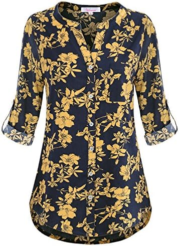 Misswor Tops For Women, Juniors Clothing Cute V Neck 3/4 Roll Tab Sleeve Tunic Shirt Button-up Elegant Flowy Chiffon Blouse Latest Designer Tops Black Friday Yellow Flower XXL