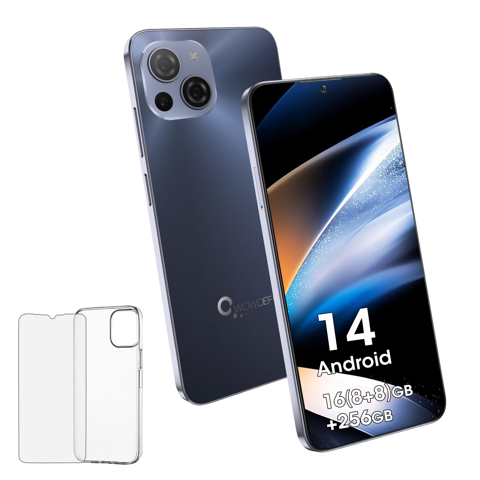 Unlocked Phone, CWOWDEFU S18 Android 14 Smartphone with 6.58 Inch 2K Incell Screen, 16(8+8) GB RAM+ 256GB ROM, Dual SIM 4G, Octa-Core, Face/Fingerprint Detection/NFC/OTG/GPS 2024 Black