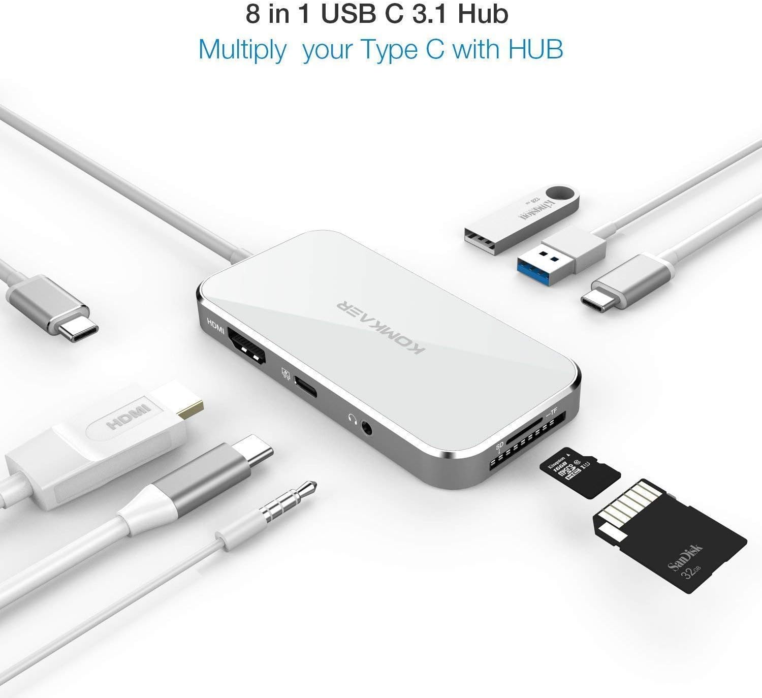 USB Type C Hub with 4K HDMI, 2 USB 3.0 Port, SD/TF Card Reader, 3.5mm Audio/Mic 2 in 1, USB C 3.0 Port, and USB C Power Delivery Port 8 in 1 USB C Adapter for MacBook Pro and Windows Laptops