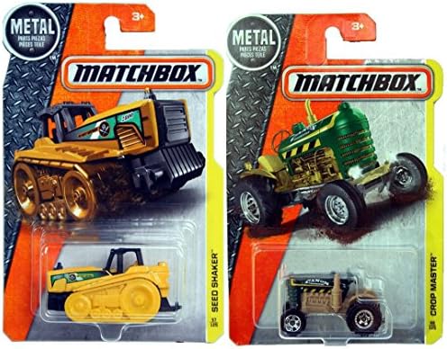 MBX Farm Tractor set Matchbox 2017 Crop Master tan/green #40 &amp; Seed Shaker Yellow #30 Tractor vehicles in PROTECTIVE CASES