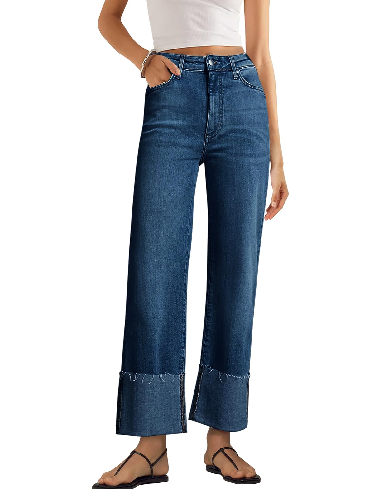 Photo 1 of KUNMI Women's Wide Leg Jeans High Waisted Straight Leg Stretchy Denim Pants with Pockets 14