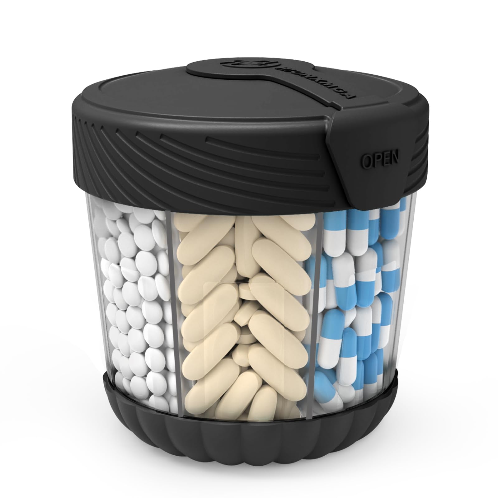 Photo 1 of HIONXMGA Large Pill Dispenser, Portable Pill Bottle Organizer for 7 Vitamins, Anti-Mix Supplement Organizer with Easy Twist Wide Opening, BPA-Free Pill Container, 20 Pcs Labels Included, Black