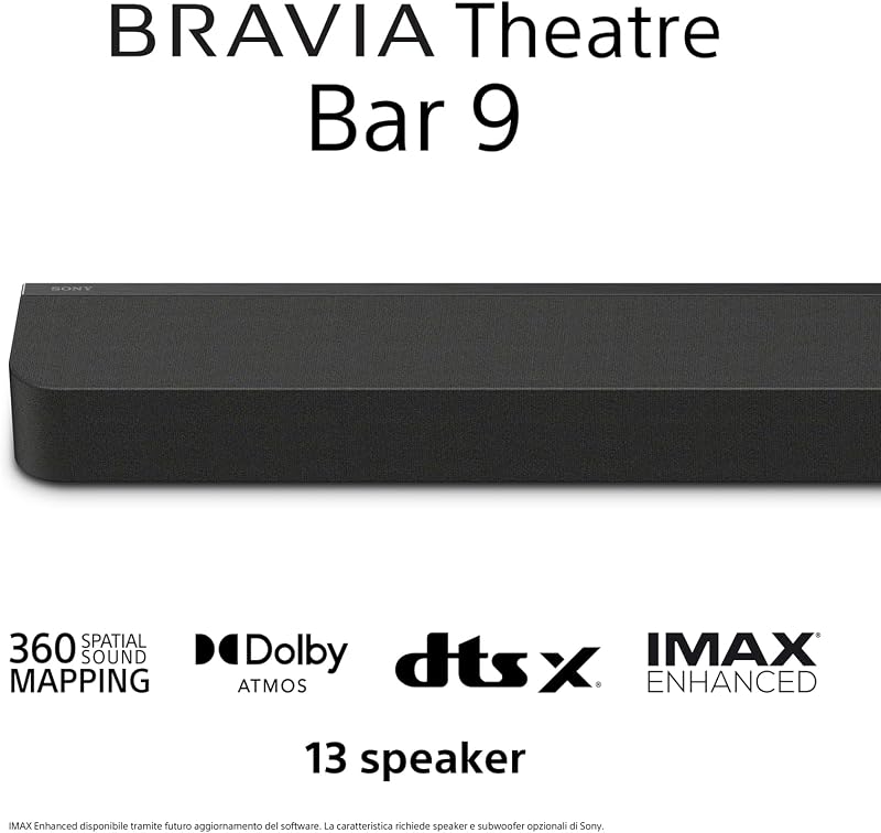 BRAVIA Theatre Bar 9 – Dolby Atmos single soundbar, DTS:X, 13 speakers, Wi-Fi, Bluetooth, 360 Spatial Sound Mapping, Hi Res Audio, Nera, HT-A9000
