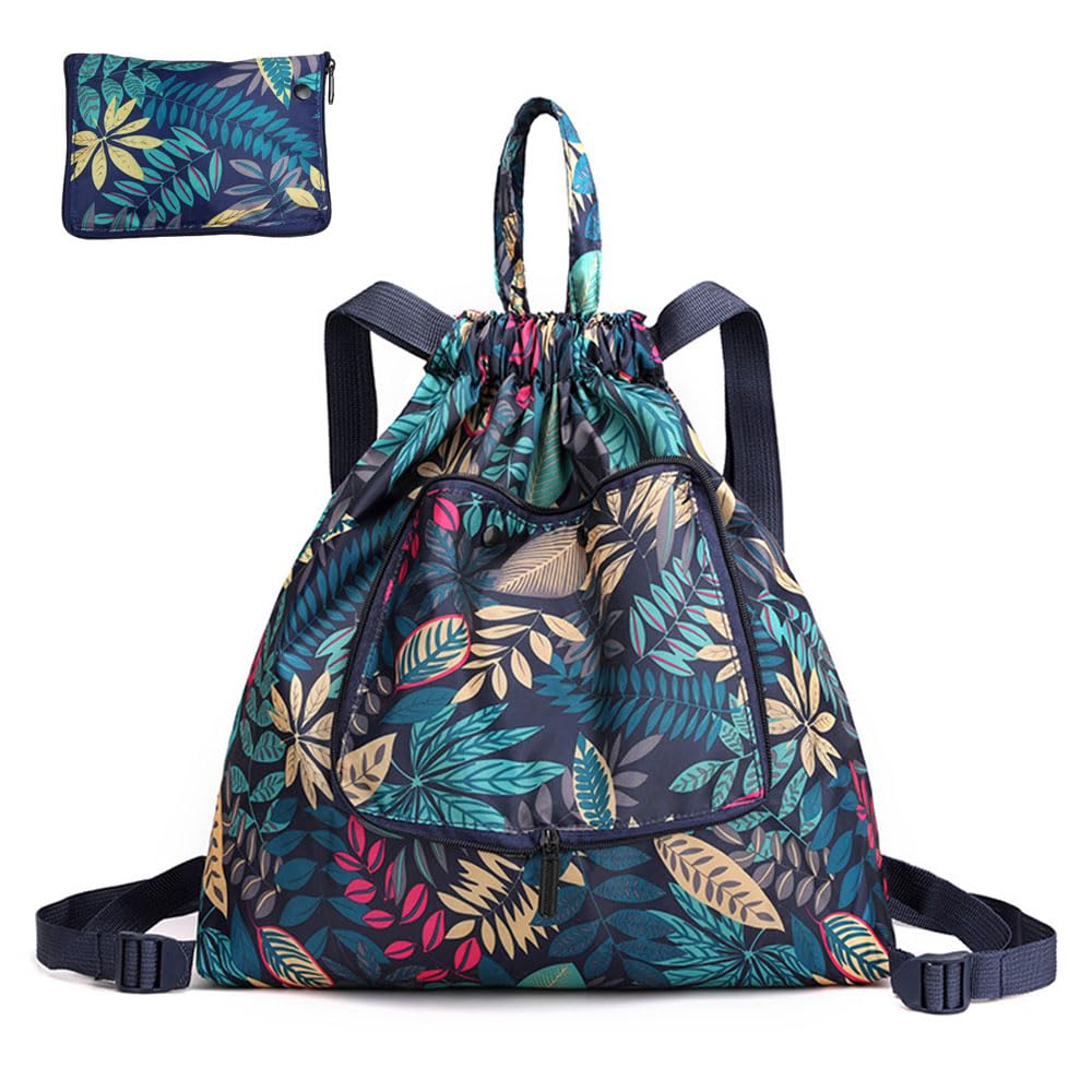 Waterproof Drawstring Bags Foldable Gym Bags Drawstring Travel Sports Backpacks Casual Lightweight Outdoor Backpack for Gym Shopping Hiking Sport Yoga for Men Women Girls Students (Leaves)