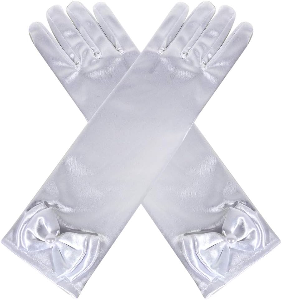 Qunan Girls Long Satin White Gloves Diamonds Bows Belle Elsa Sofia Aurora Princess Dress Up for Girls Kids