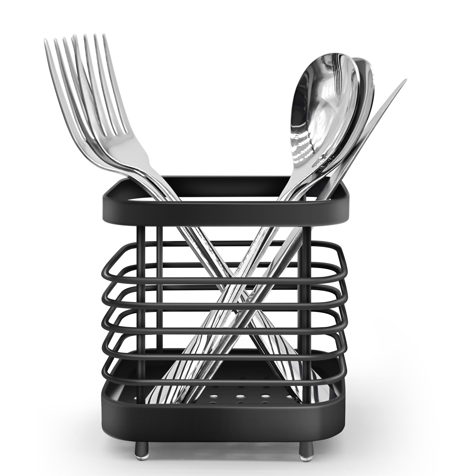 Simpcozy Utensil Holder, Stainless Steel Cutlery Drainer Sink Caddy, Rust Proof Sink Tidy Kitchen Sink Organiser, Cutlery Organiser for Kitchen Utensil (Black)
