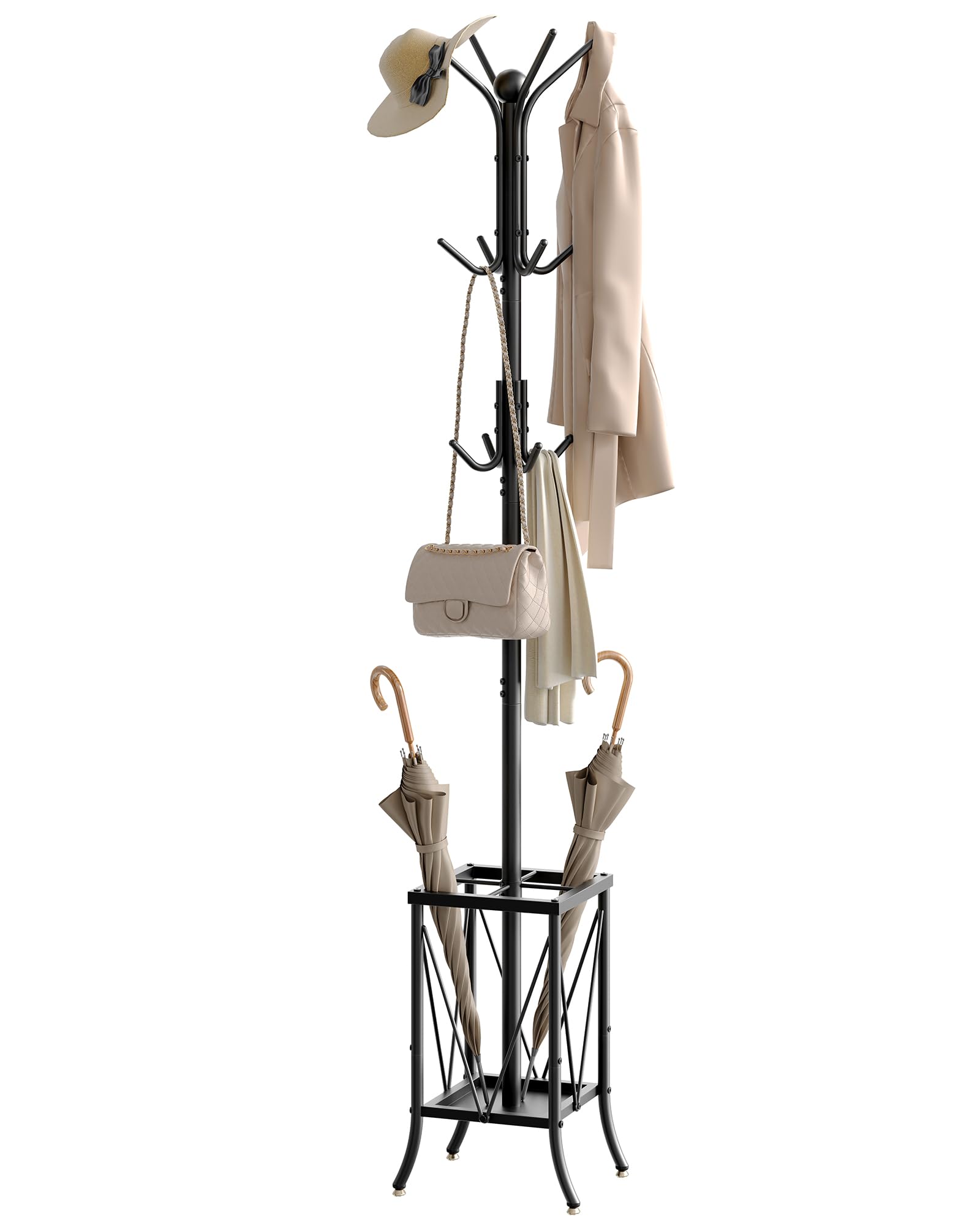 Photo 1 of CHOEZON Coat Rack Freestanding, Coat Rack with Umbrella Holder, Entryway Hanger Stand with12 Hooks, Metal Hall Tree for Bags, Coats, Hats, Entryway, Hallway, Living Room, Bedroom, Office Black TYM01BB