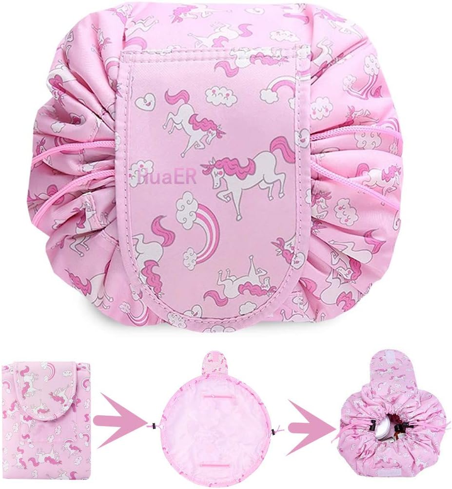 HuaER Unicorn Lazy Cosmetic Bag Large Capacity Drawstring Makeup Pouch Travel Storage Organizer(Pink)