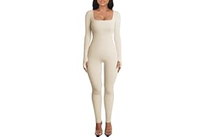 OEAK Womens Ribbed Jumpsuit with Tummy Control Long Sleeve Unitard Casual Yoga Rompers High Waisted One Piece Workout Bodycon