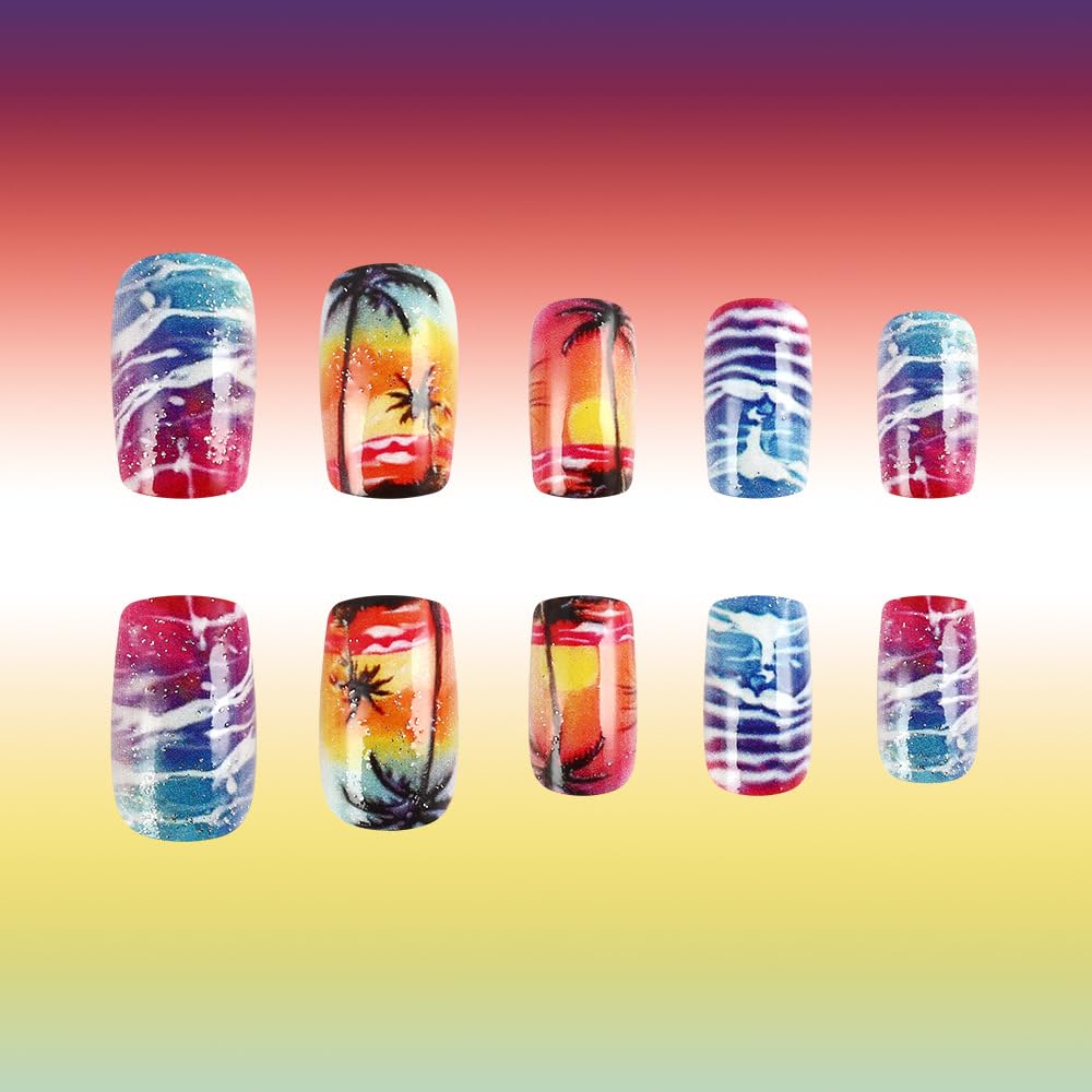 24Pcs Summer Press on Nails Medium Square Fake Nails Sea Waves Coconut Palms Design Coconut Tree Pattern Artificial Nails Ocean Beach Tropical Reusable Stick on Nails for Women Girls Summer Nail Art - Image 3