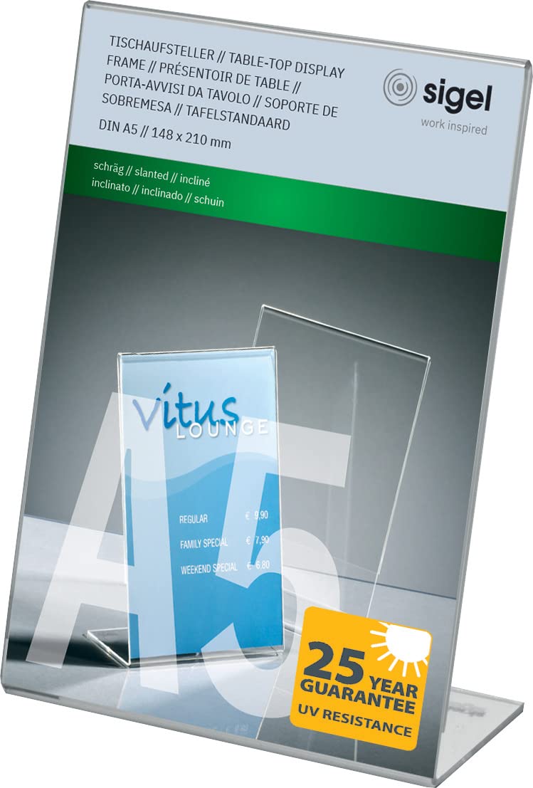 SIGEL TA212 Sign Holder, slanted, for A5, single-sided presentation, uv resistant acrylic, transparent, 1 Piece — image 1