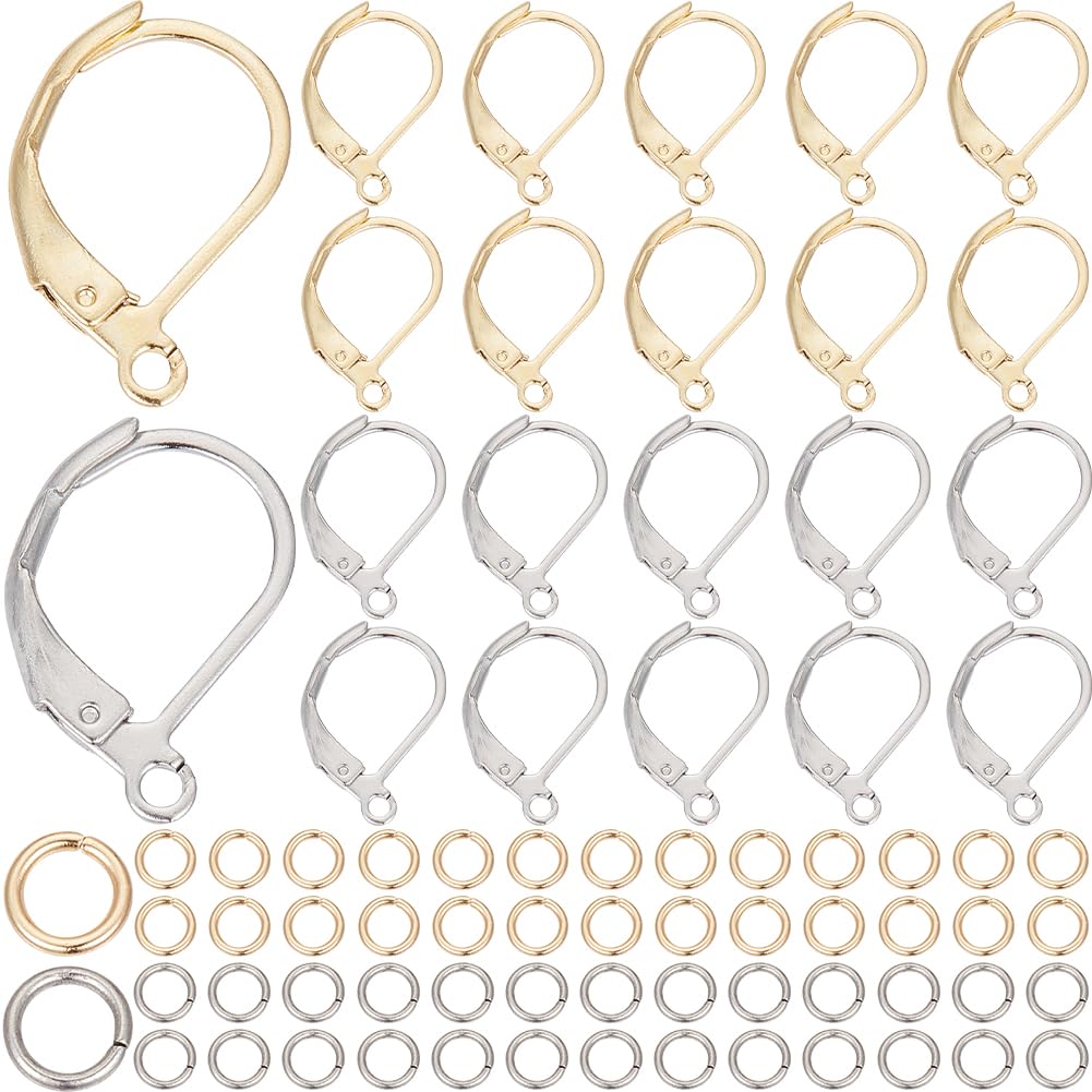 SOFPLATE 1 Box 80Pcs Gold Leverback Earring Hooks Stainless Steel Earring Findings Bulk Silver with 100Pcs Jump Rings French Real 24K Gold Plated Huggie Earring Hooks for jewellery Making Supplies DIY