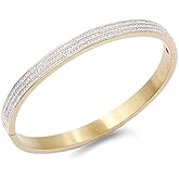 Lavencious Gold Plated Stainless Steel with CZ Stones Hinged Bangle 6mm Width Bracelets fow Women 7"
