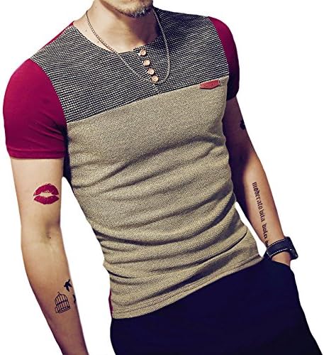 HANQIU Mens Fashion Henley Neck Fitted Short-Sleeve Contrast Color Stitching T-Shirt Tees