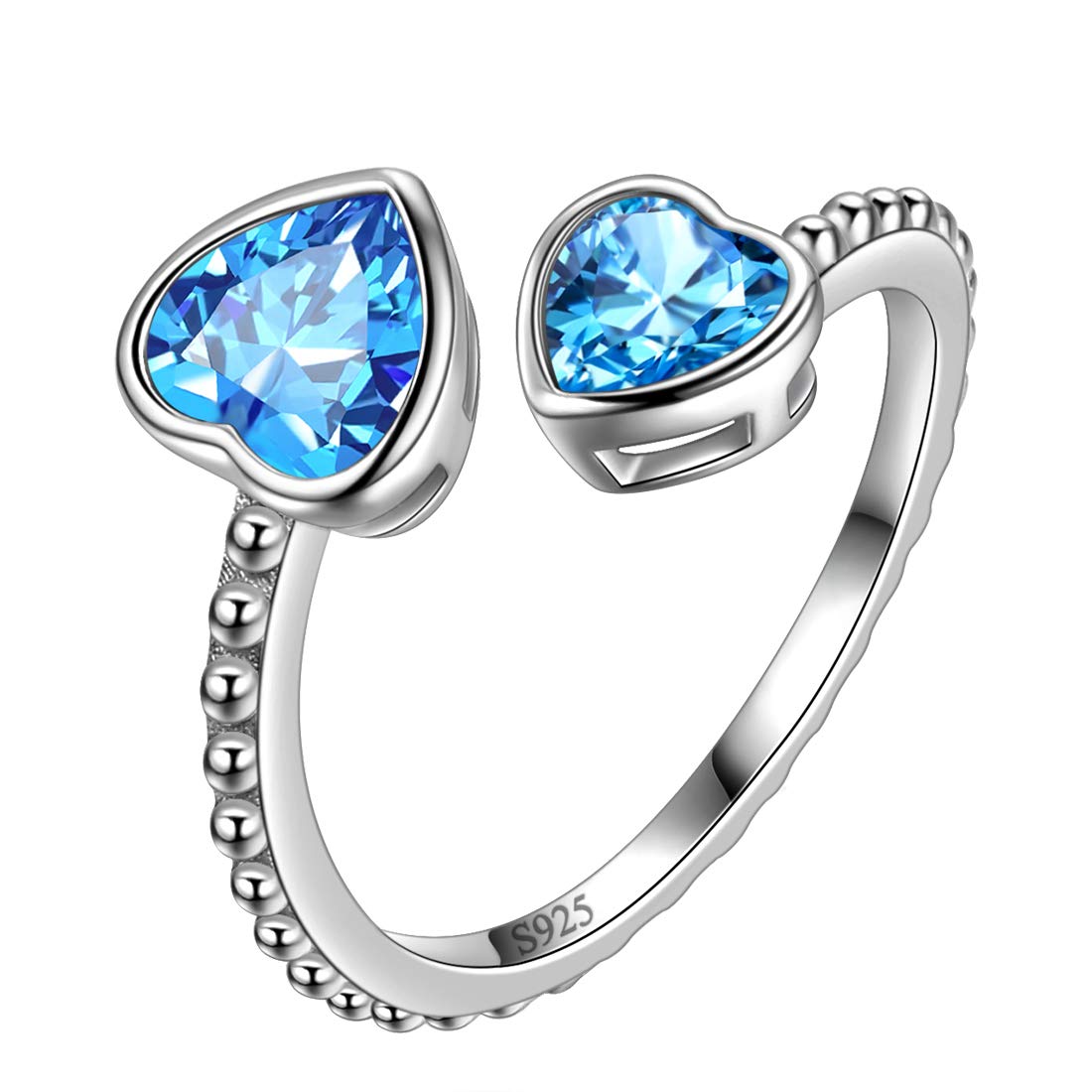 Aurora Tears March Birthstone Love Heart Adjustable Rings 925 Sterling Sliver Birthstone Double Heart Open Ring Birth Stone Jewelry Gifts for Women and Men DR0109M