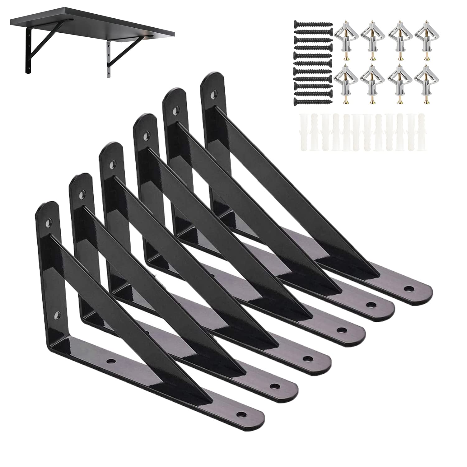 Shelf Brackets 200x120mm, 6 Pack 8 Inch Lightweight Wall L Brackets with 90 Degree Triangle for Concrete Wall, Gypsum Board etc, Mounting Screws Included(Max Load 30kg Each Pair)