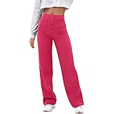 GRECERELLE Womens Casual Straight Leg Pants High Waisted Button Stretchy Business Work Trousers with Multiple Pockets