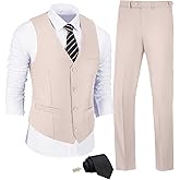 JPF Men's 2 Piece Slim Fit Suit Set, Solid Vest and Pants Suit for Men with Tie