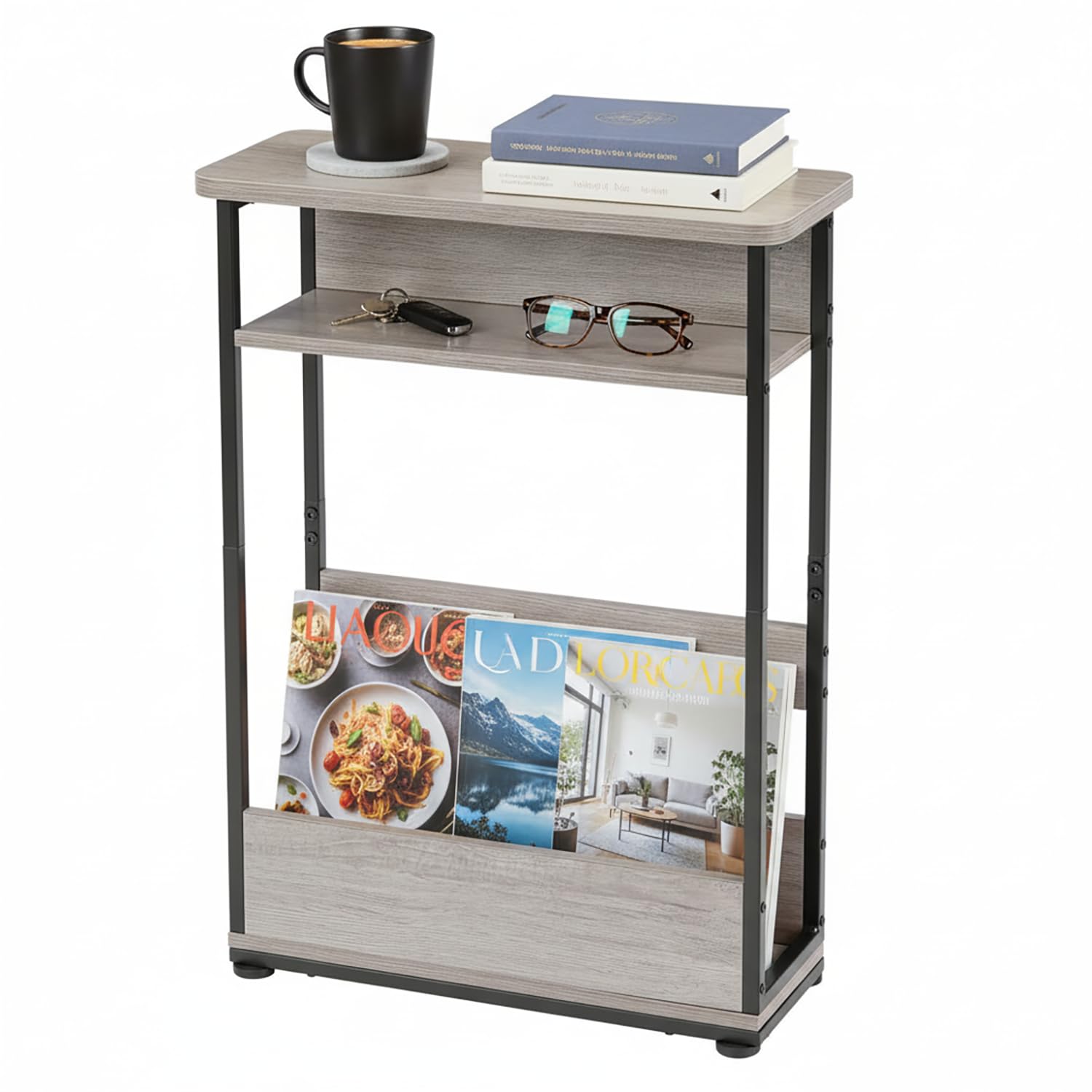 Narrow Side Table,3-Tier Slim End Table with Storage Shelf,Modern Sofa Table Thin Side Table for Narrow and Small Spaces, Skinny Bedside Table Small Nightstand with Magazine Rack Space Saving/Oak