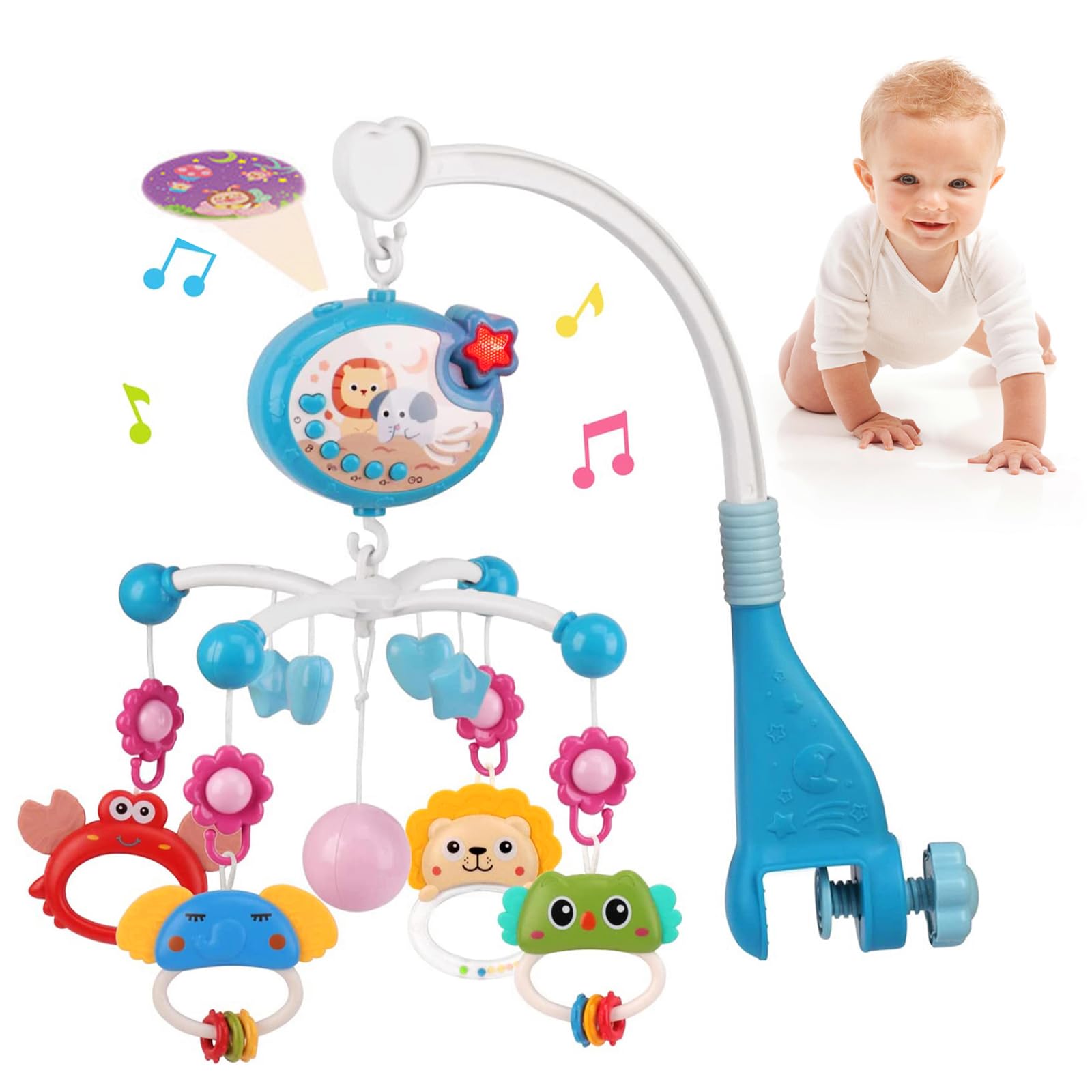 Cot Mobile for Baby, Crib Mobile with Music and Projection, Hanging Mobiles for Crib with Timing Function, 360° Rotating Nursery Cot Baby Bed Rattle Toy for Boys Girls, Gift for Newborn 0-12 Months