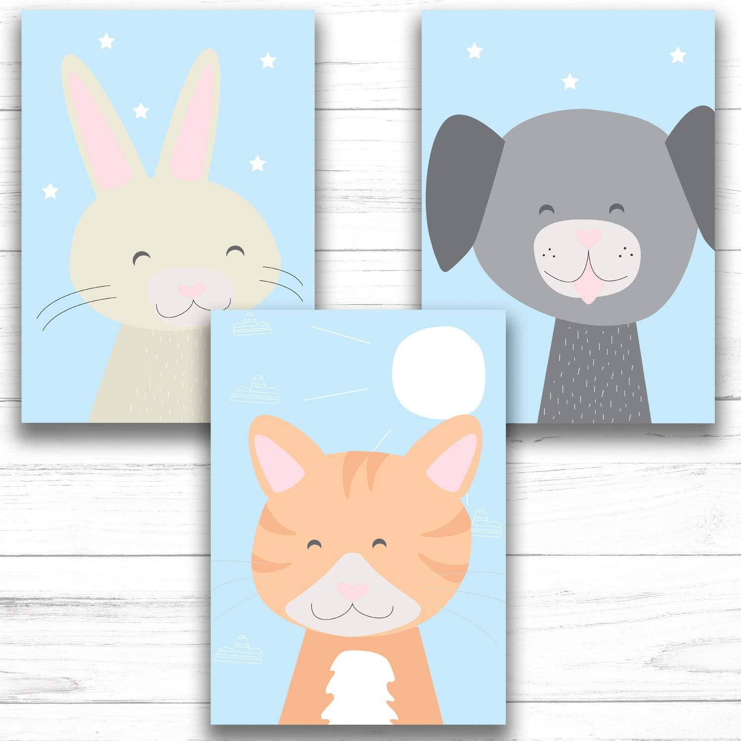 Fabian Roo 3pc Hand Drawn Nursery Décor - Adorable A4 Card Prints - Optional Wooden Frames Available! (04 - Cat, Dog, Rabbit (Blue), A4 Card Print)