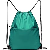 BuyAgain Drawstring Backpack Sports Water Resistant String Bag Sport Gym Sackpack for Women Men Students Large Size with Zipper, Teal