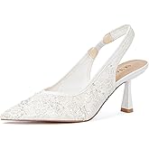 SUIARA Slingback Wedding Heels for Women Bridal Lace Mesh Kitten Heel Closed Pointed Toe Pearl Pumps Shoes