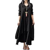 R.Vivimos Women Long Sleeve Cotton Casual Loose Plus Size Irregular Long Dresses