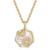MTMY Birth Flower Necklace 14K Gold Plated Mother of Pearl Disc Birth Month Flower Pendant Necklaces for Women Personalized Custom Floral Jewelry Birthday Gift