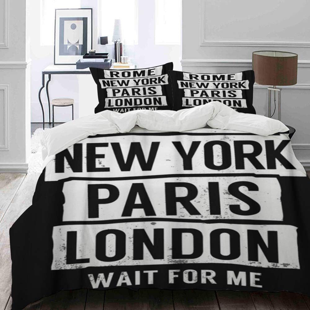 NIKIVIVI Duvet Cover Set Soft Cozy Home Collections for Girls Teen Adults Bedding Sets(Queen/Full, Style Cool Rome New York Paris London Slogan for Graphics)