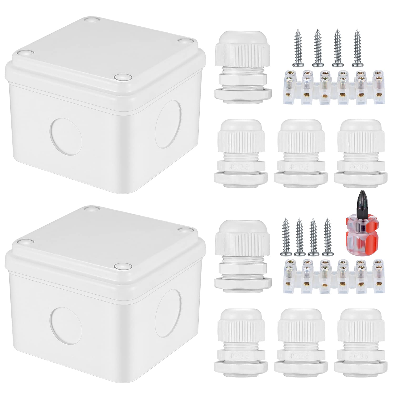 2 Pcs IP66 Waterproof Junction Box, Plastic Electrical Junction Enclosure Box, Electronic Cable Connectors Project External Outdoor Waterproof Junction Boxes, with Screwdriver - 75 * 75 * 50mm/White