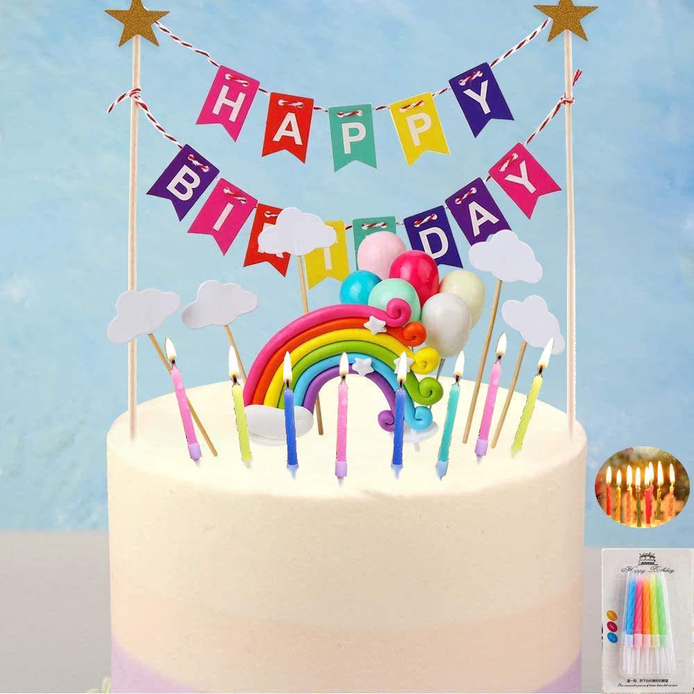 DTShow 5Packs Cake Topper- Rainbow Cake Topper, Balloon Topper, Colorful Happy Birthday Cake Topper, White Cloud Cake Topper and Spiral Cake Candles for Birthday Baby Shower Party