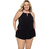 Aqua Green Womens Keyhole Blouson Slimming Swim Romper with Pocket
