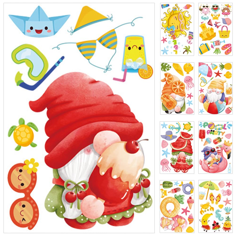 MAGICLULU Summer Window Stickers for Glass 9 Sheets Hawaiian Gnome Window Clings Decorative Decals for Beach Party Home Store