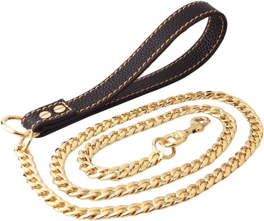 POPETPOP Dog Leash Golden Metal Long Gold Stainless Steel Chew Proof Indestructible Cool Leash Chain Link for Pet Durable with Leather Handle