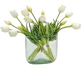 DUYONE 15Pcs Artificial Tulips Flowers, Soft Touch Realistic Latex Tulips Bouquet for Home Office Wedding Party Garden Decor, Fake Flowers for Centerpieces Dining Table Living Room Spring(White,15pcs)