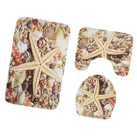 Baoblaze 3-teiliges Badezimmer-Set Teppichmatte WC-Abdeckung Rutschfeste Badematte aus Flanell - Großer Seestern