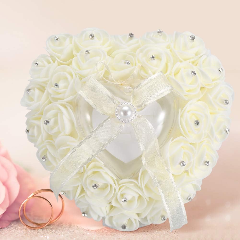 Romantic Heart-shaped Wedding Box Rose Rhinestone Decor Pillow Cushion for Case Bearer(Beige), Ivory