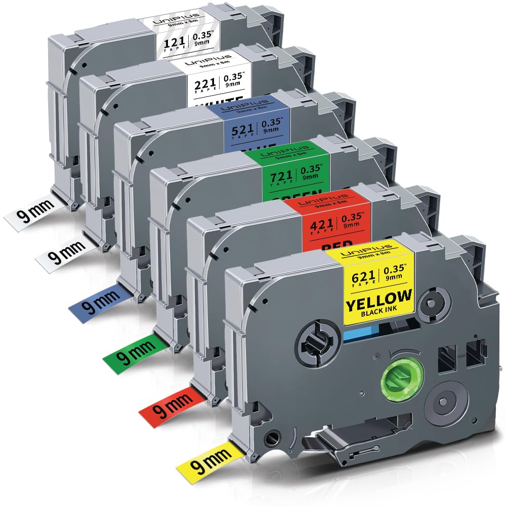 UniPlus Compatible 9mm Tze Label Tape Replacement for Brother P-Touch Laminated Tze-121 Tze-221 Tze-421 Tze-521 Tze-621 Tze-721 Work with Brother PT-P300BT PT-H105 PT-1000 PT-H110 PT-H100LB PT-D200