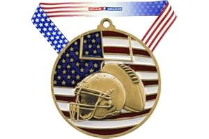 Football Patriotic Medal - 2.75 Inch Wide Gridiron Medallion with Stars and Stripes American Flag V Neck Ribbon - Decade Awards