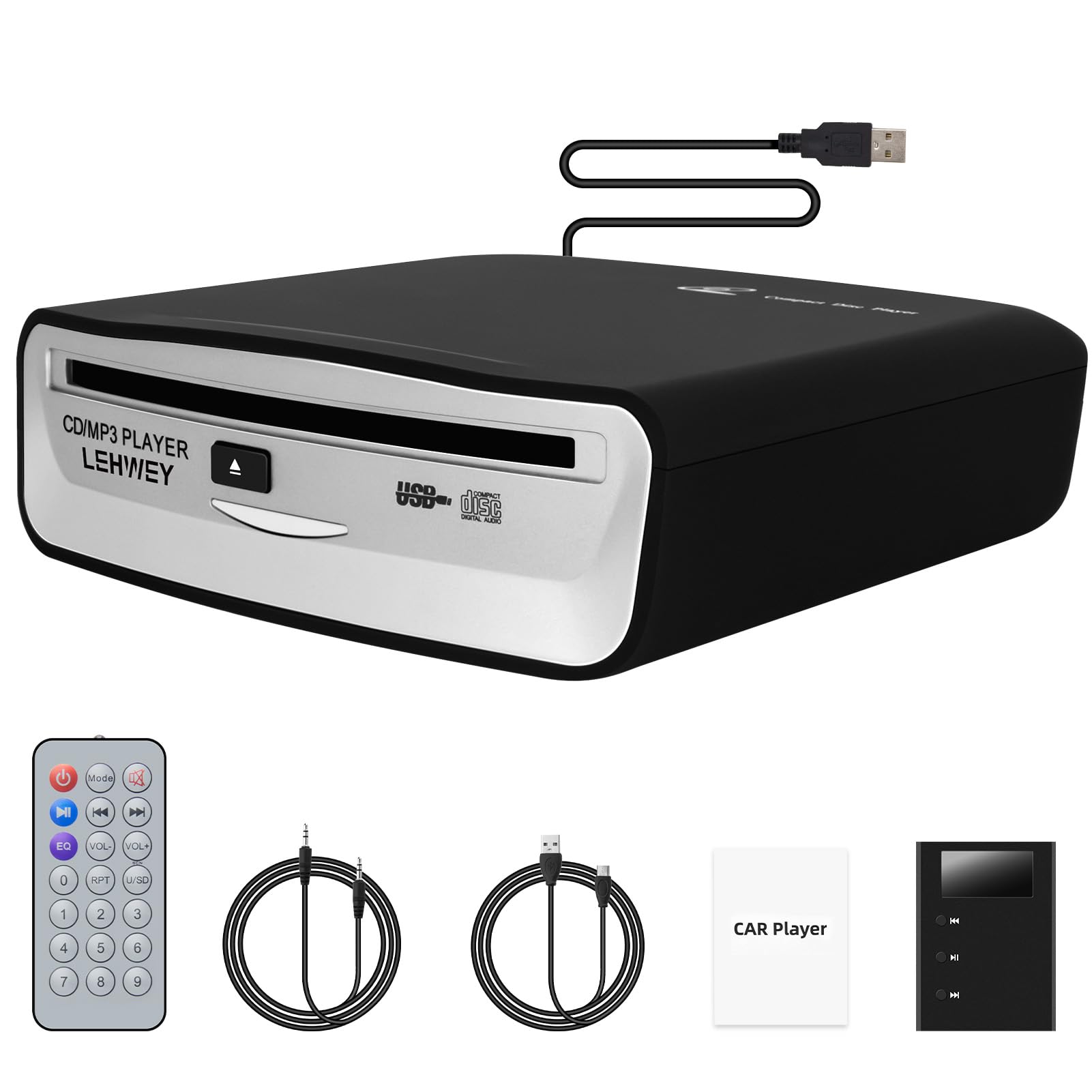 Photo 1 of External Universal CD Player for Car - Lehwey Portable Car CD Players with AUX Cable & Remote Control, Plugs into Cars USB Port, Laptop, TV, Mac, Computer, for Android 4.4 and Above Navigation