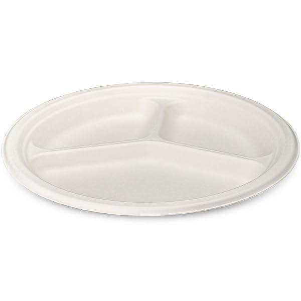 COMFY PACKAGE [10 INCH – 125 PACK 100% COMPOSTABLE 3 COMPARTMENT PAPER PLATES, WHITE HEAVY-DUTY DIVIDED PLATES, DISPOSABLE BIODEGRADABLE PLATES