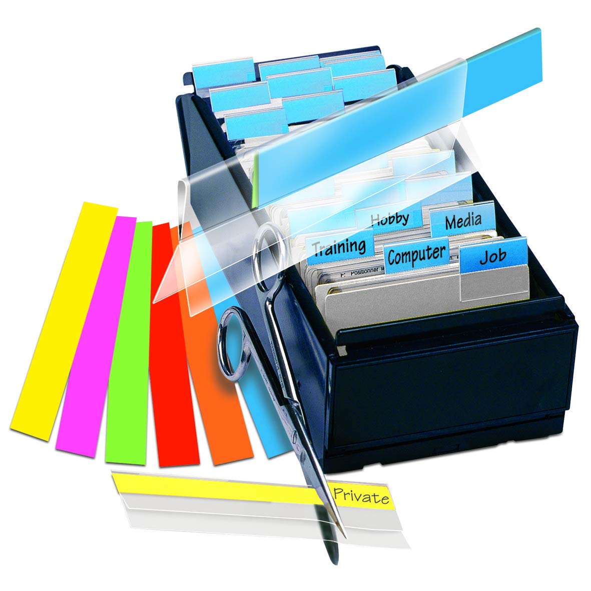 Djois, 10502 - Adhesive Tabs, 3L Size Adjustable, Permanent, 10 x 150 mm, Assorted, Pack of 5, Tabs, Ultra Durable Polyester, Can be Cut to Size, Practical Document Organisation