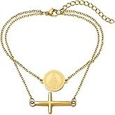 KOMI Stainless Steel Catholic Bracelet for Women, 18K Gold Plated Saint Benedict Chain Link Bracelet Religious Protection Jewelry Gifts