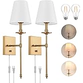 Dimmable Wall Sconces Set of Two, Plug in Wall Sconces White Fabric Shade, Wall Lamp for Bedroom, Living room, Plug in Wall L
