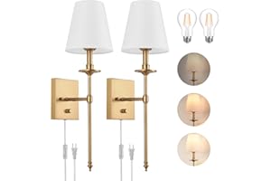 GOODATE Dimmable Wall Sconces Set of Two,ENCOMLI Plug in Wall Sconces White Fabric Shade,Wall Lamp with 6FT Plug in Cord,Plug in Wall Light Bathroom Vanity Light Fixture,LED Bulbs Included,Antique Brass