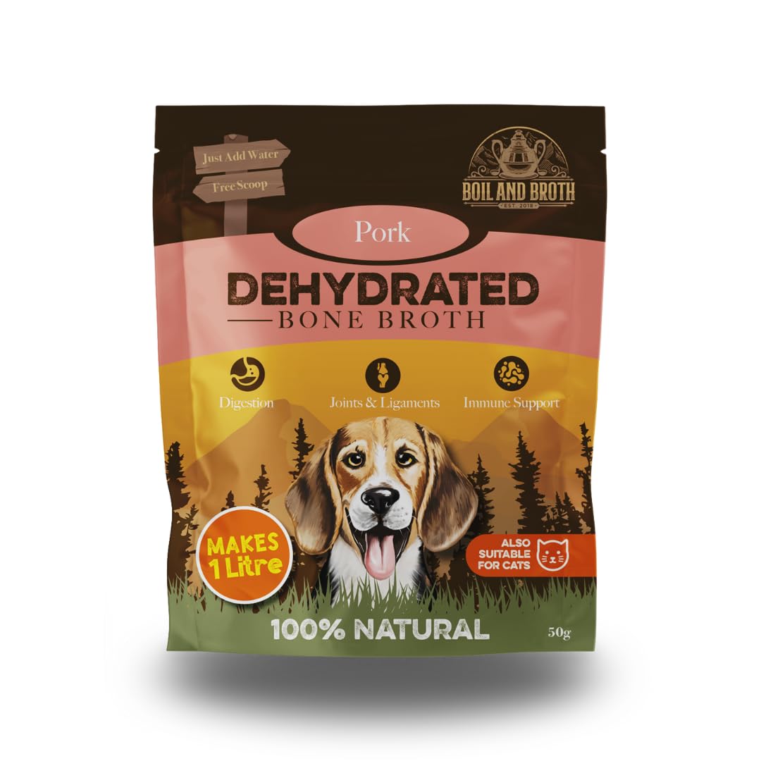 Boil and Broth Dehydrated Pork Broth for Dogs, 50g resealable pouch. Makes 1L